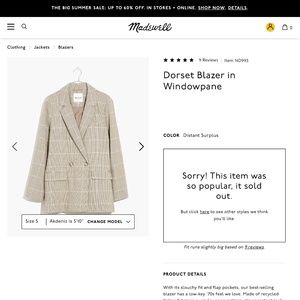 Madewell Dorset Blazer Windowpane- Medium